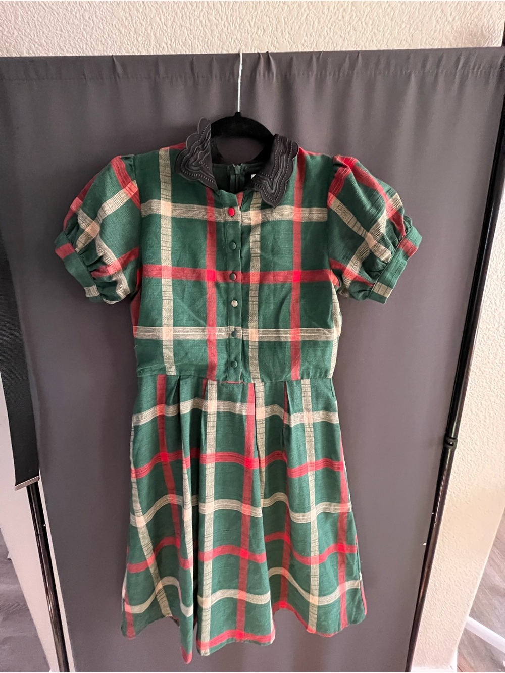 Ivy City Co Green Plaid Dress with Black Scalloped Collar